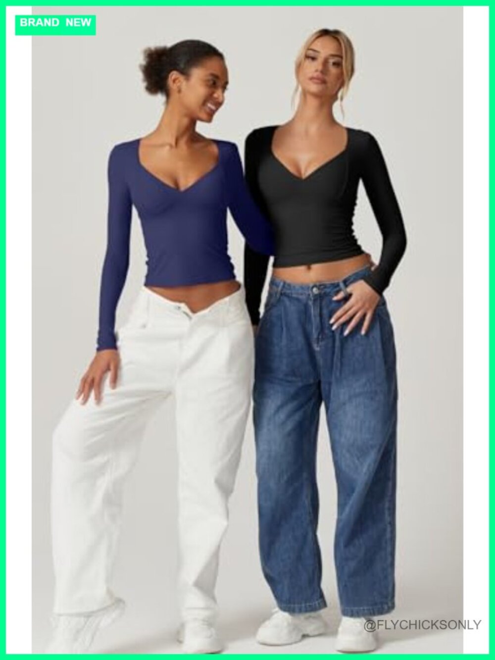 QINSEN Women's Long Sleeve V Neck Double Lined Crop Top Seamed Cup - Picture 2 of 5
